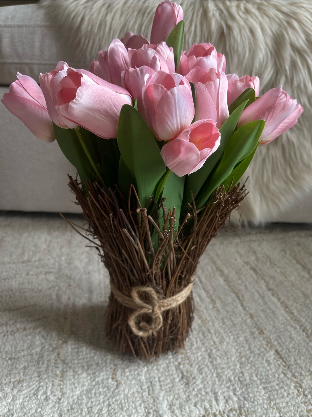 Pink Tulip Bouquet in Rustic Twig Arrangement